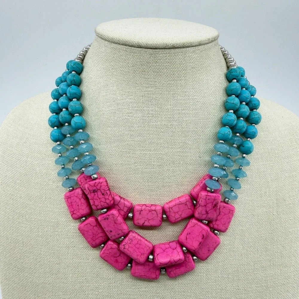 Hot Pink Turquoise Blue Bead Triple Strand Necklace Chunky Boho Statement Gift